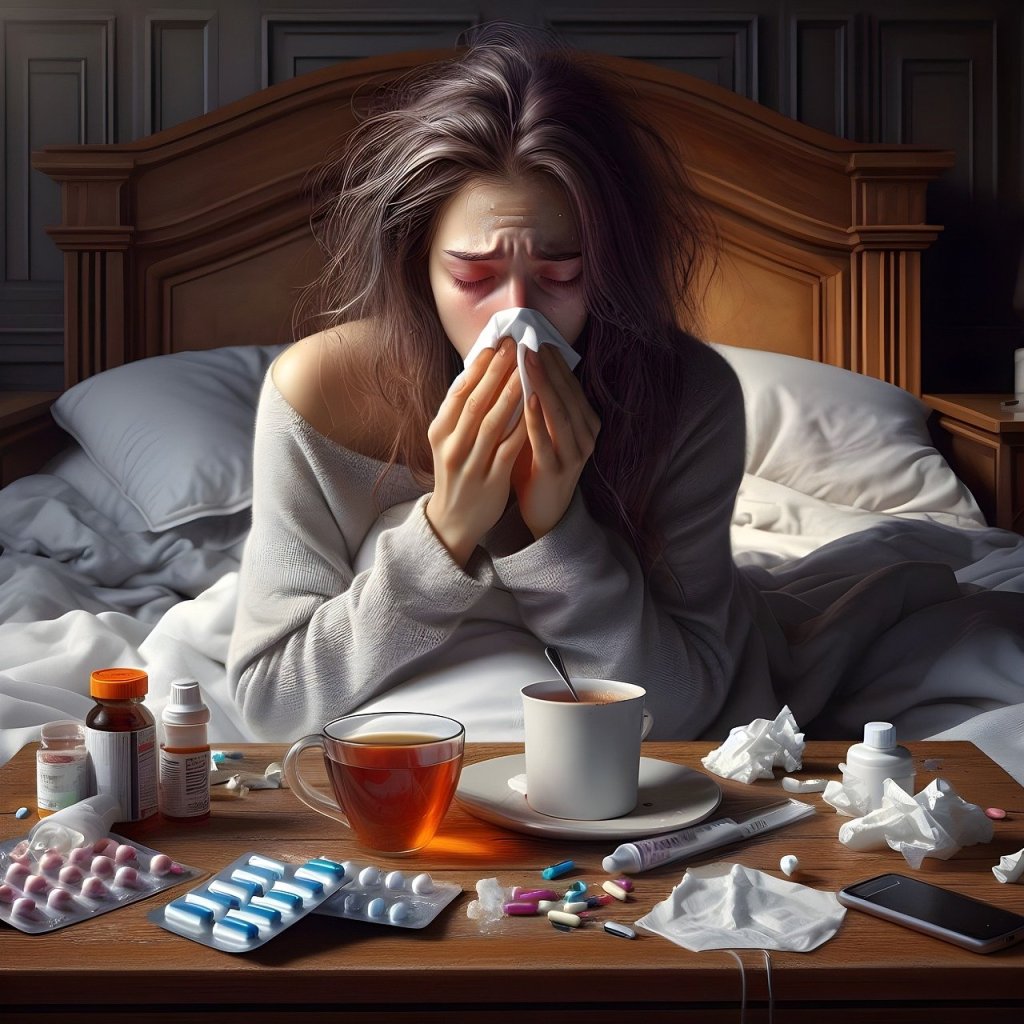 Ai generated woman surrounded by flu medication and blowing her nose
